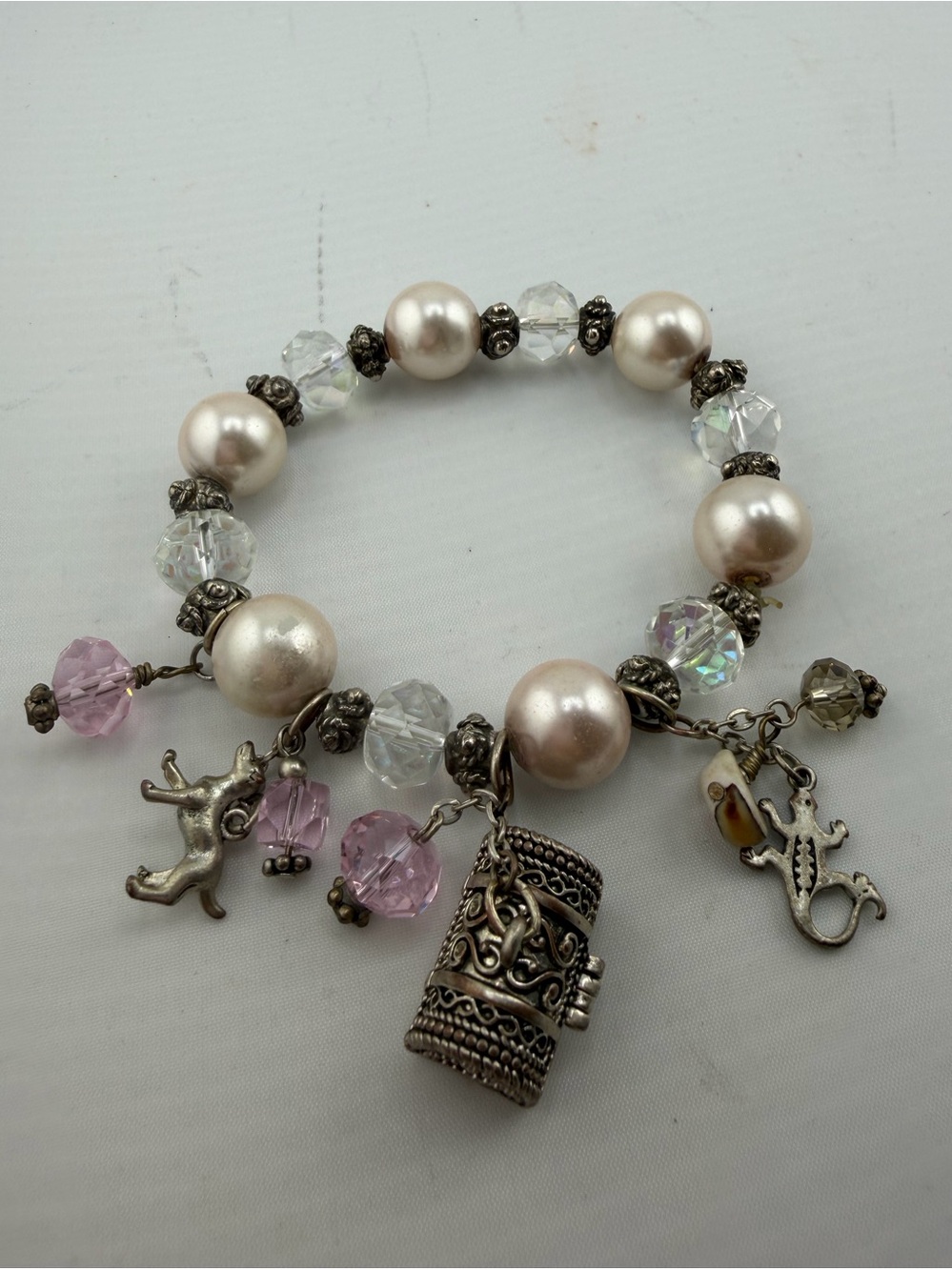 Vintage Faux Pearl Crystal Charm Bracelet Treasure Chest Dog Lizard Bracelet